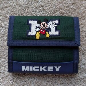 Disney Store Mickey Mouse Wallet Mens Green Navy Embroidered Varsity Canvas